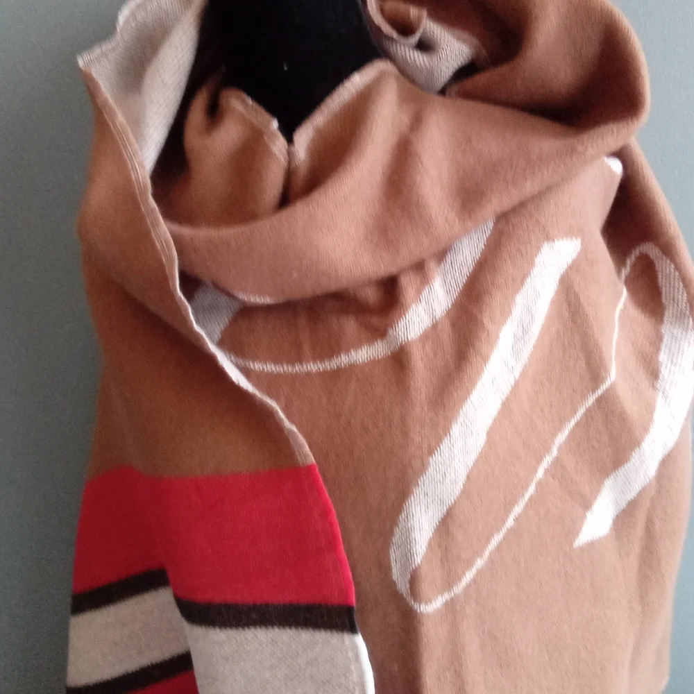 Victoria's Secret Pink Oversized Blanket Scarf Wrap Tan White Pink Stripe Fringe